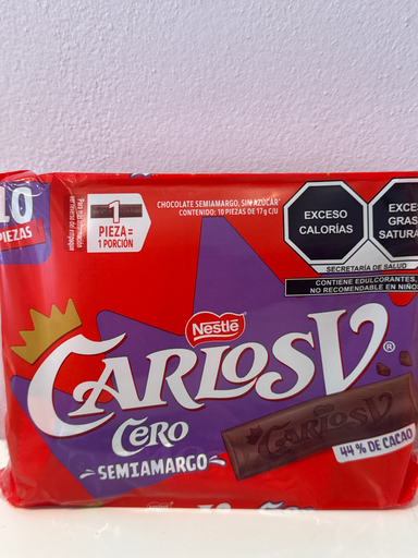 CHOCO NESTL CARLOS V SEMI AMARGO CERO AZUCAR 17G DIS/10PZ