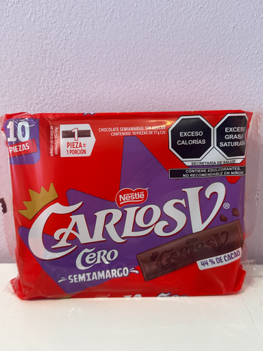 [NM36] CHOCO CARLOS V SEMI AMARGO CERO 17G C/8DIS 10PZ